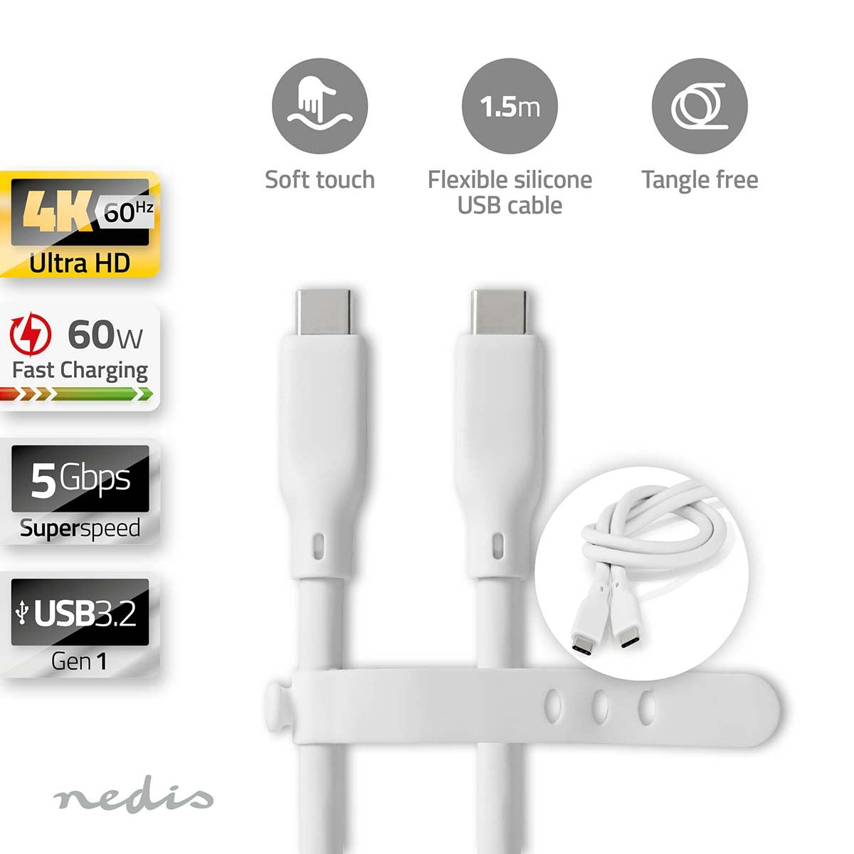 USB cable | USB 3.2 Gen 1 | USB-C™ Male | USB-C™ Male | 60 W | 4K@60Hz | 5 Gbps | Nickel Plated | 1.50 m | Round | Silicone | White | Box
