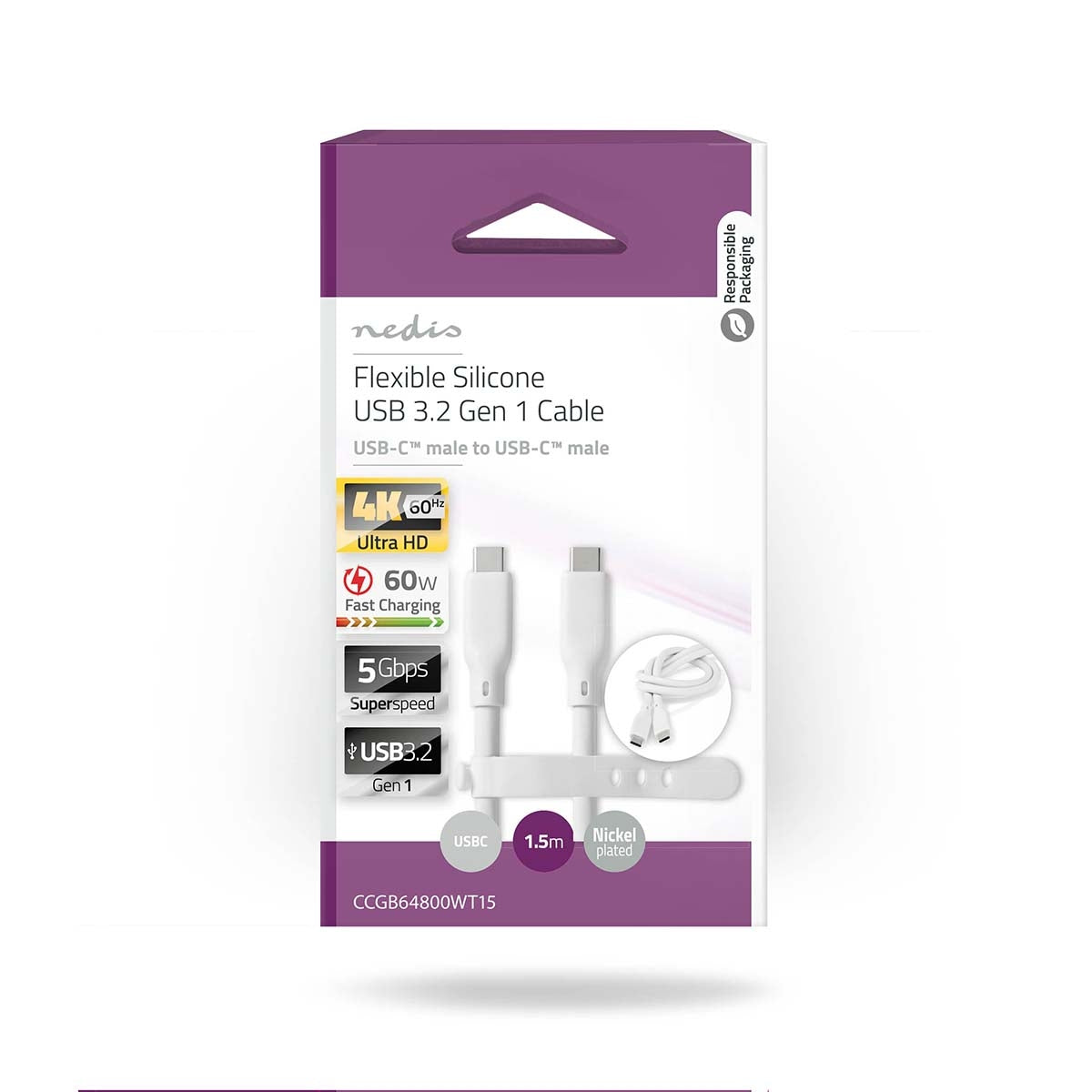 USB cable | USB 3.2 Gen 1 | USB-C™ Male | USB-C™ Male | 60 W | 4K@60Hz | 5 Gbps | Nickel Plated | 1.50 m | Round | Silicone | White | Box