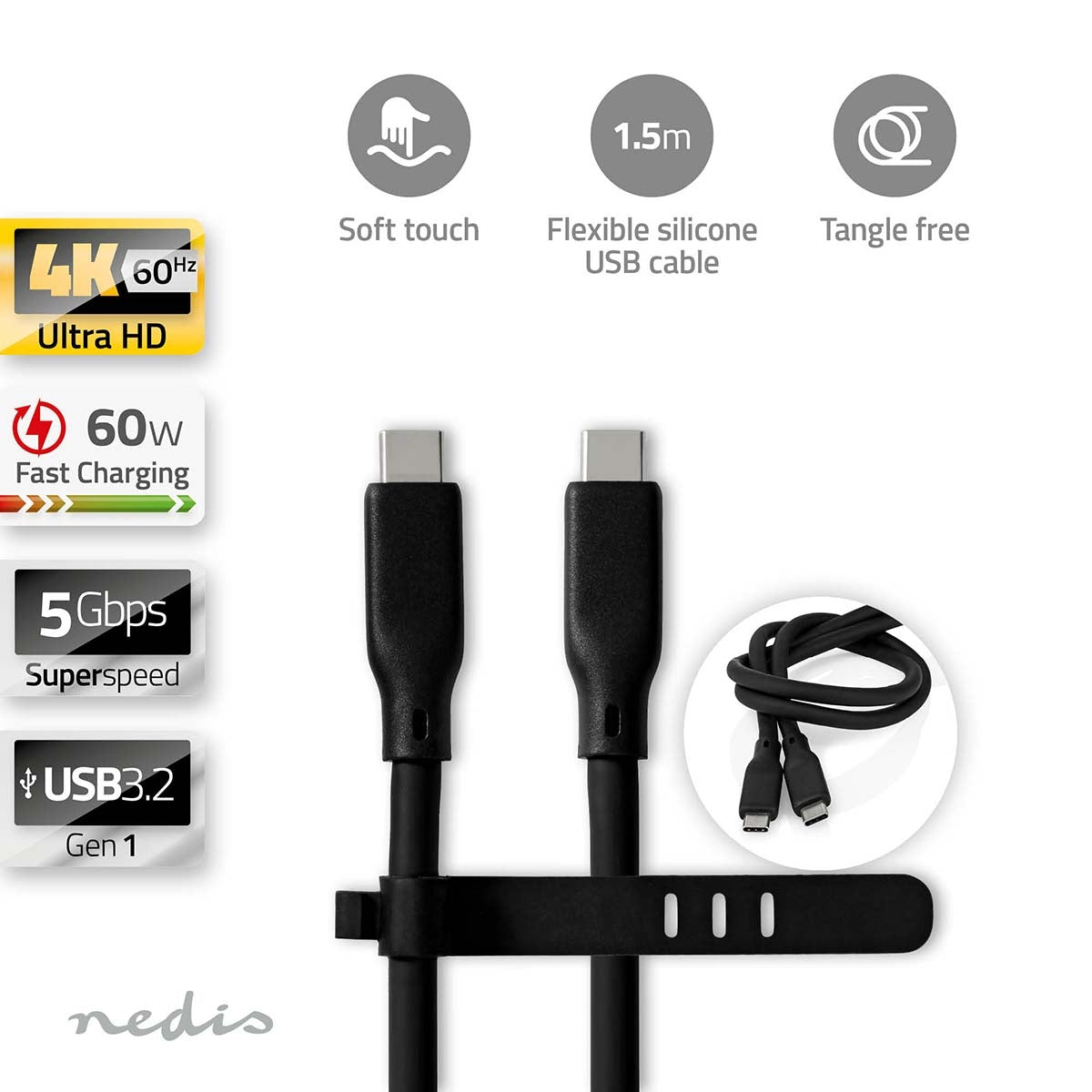 USB cable | USB 3.2 Gen 1 | USB-C™ Male | USB-C™ Male | 60 W | 8K@30Hz | 5 Gbps | Nickel Plated | 1.50 m | Round | Silicone | Black | Box