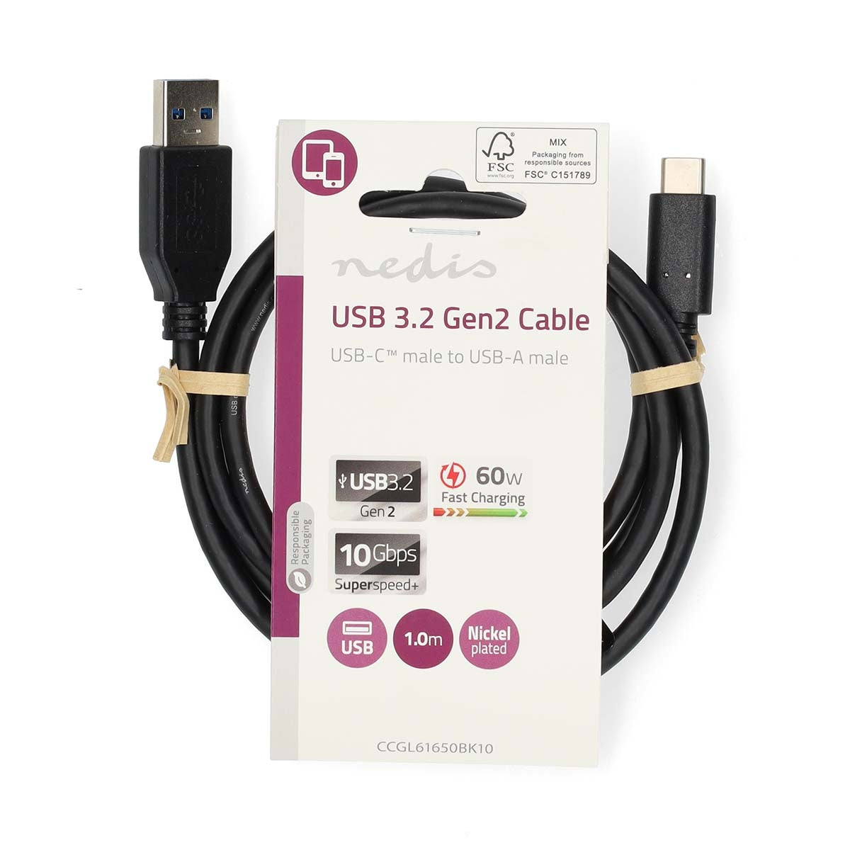 USB cable | USB 3.2 Gen 2 | USB-A Male | USB-C™ Male | 60 W | 10 Gbps | Nickel Plated | 1.00 m | Round | PVC | Black | Label
