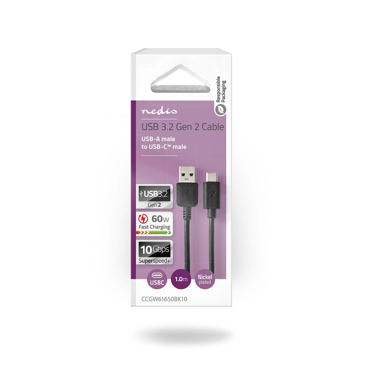 USB cable | USB 3.2 Gen 2 | USB-A Male | USB-C™ Male | 60 W | 10 Gbps | Nickel plated | 1.00 m | Round | PVC | Black | Box