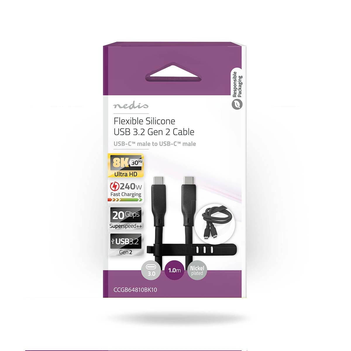 USB cable | USB 3.2 Gen 2 | USB-C™ Male | USB-C™ Male | 240 W | 8K@30Hz | 20 Gbps | Nickel Plated | 1.00 m | Round | Silicone | Black | Box
