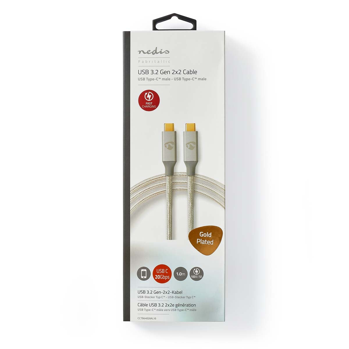 USB cable | USB 3.2 Gen 2x2 | USB-C™ Male | USB-C™ Male | 100 W | 4K@60Hz | 20 Gbps | Gold Plated | 1.00 m | Round | Braided / Nylon | Silver | Carton with covered window