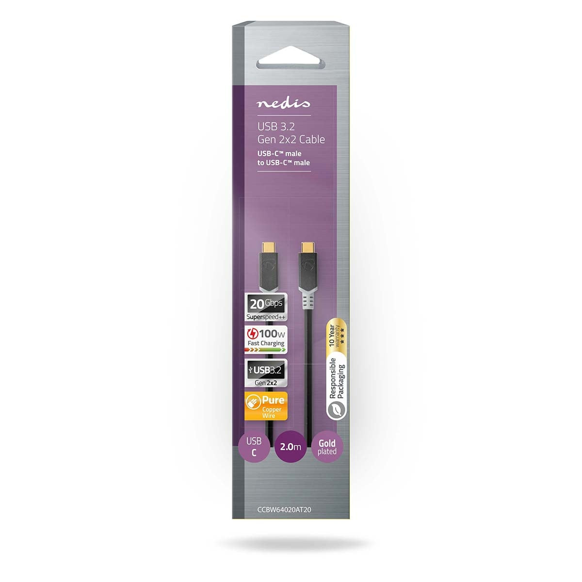 USB cable | USB 3.2 Gen 2x2 | USB-C™ Male | USB-C™ Male | 100 W | 4K@60Hz | 20 Gbps | Gold Plated | 2.00 m | Round | PVC | Silver | Box