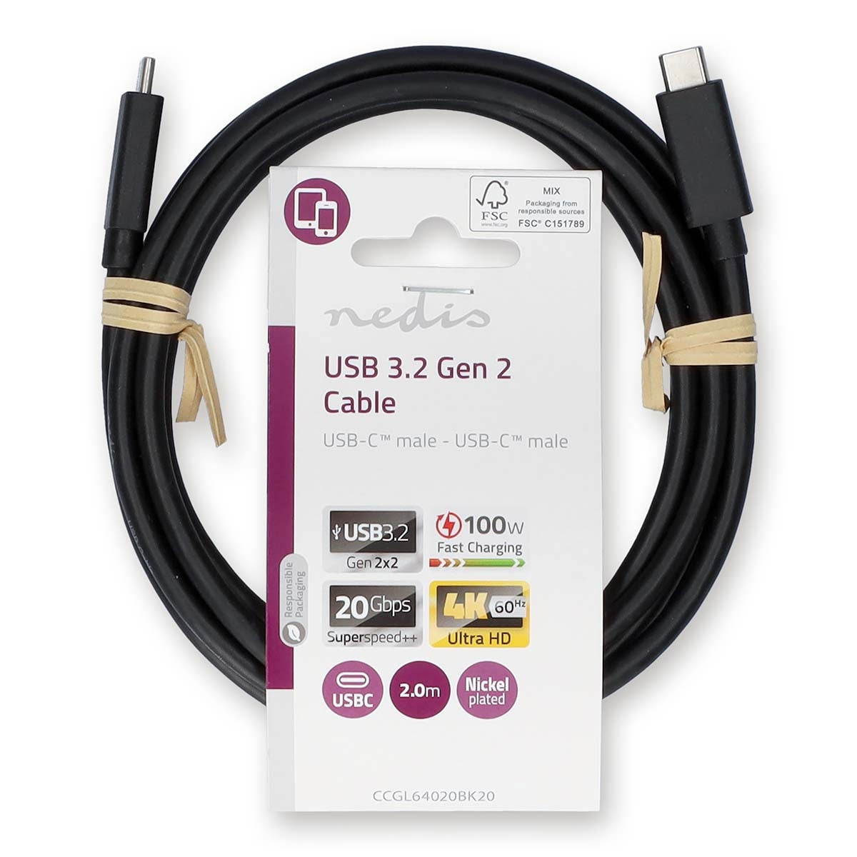 USB cable | USB 3.2 Gen 2x2 | USB-C™ Male | USB-C™ Male | 100 W | 4K@60Hz | 20 Gbps | Nickel Plated | 2.00 m | Round | PVC | Black | Label