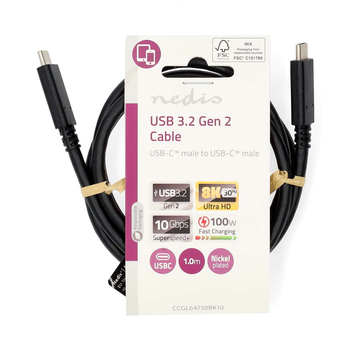 USB cable | USB 3.2 Gen 2x2 | USB-C™ Male | USB-C™ Male | 240 W | 8K@30Hz | 20 Gbps | Nickel Plated | 1.00 m | Round | PVC | Black | Label