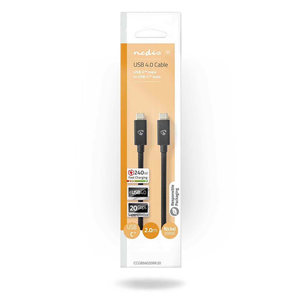 USB cable | USB 4.0 Gen 2x2 | USB-C™ Male | USB-C™ Male | 240 W | 8K@60Hz | 20 Gbps | Nickel Plated | 2.00 m | Round | PVC | Black | Box