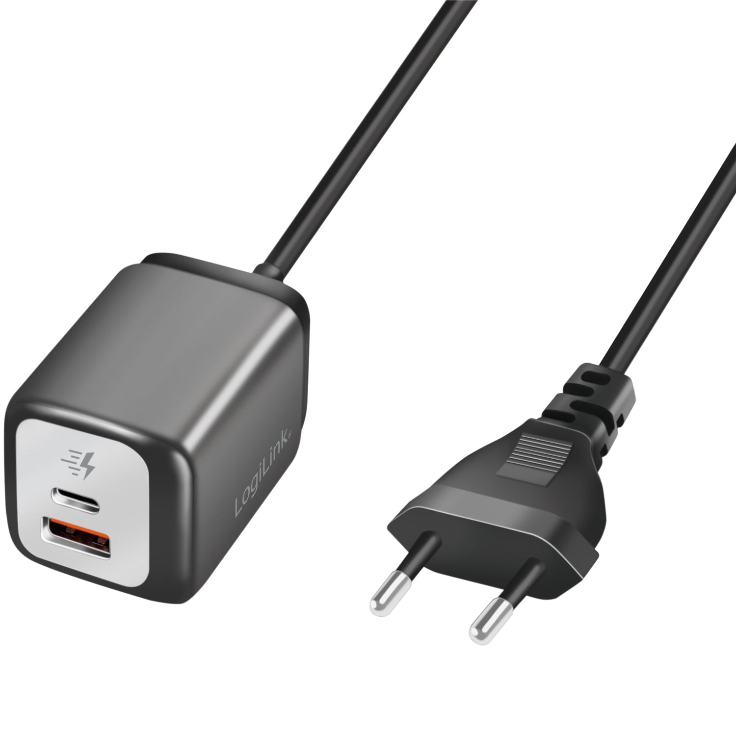 USB charger 1xUSB-A + 1xUSB-C with fixed cable 1.5m GaN 30W
