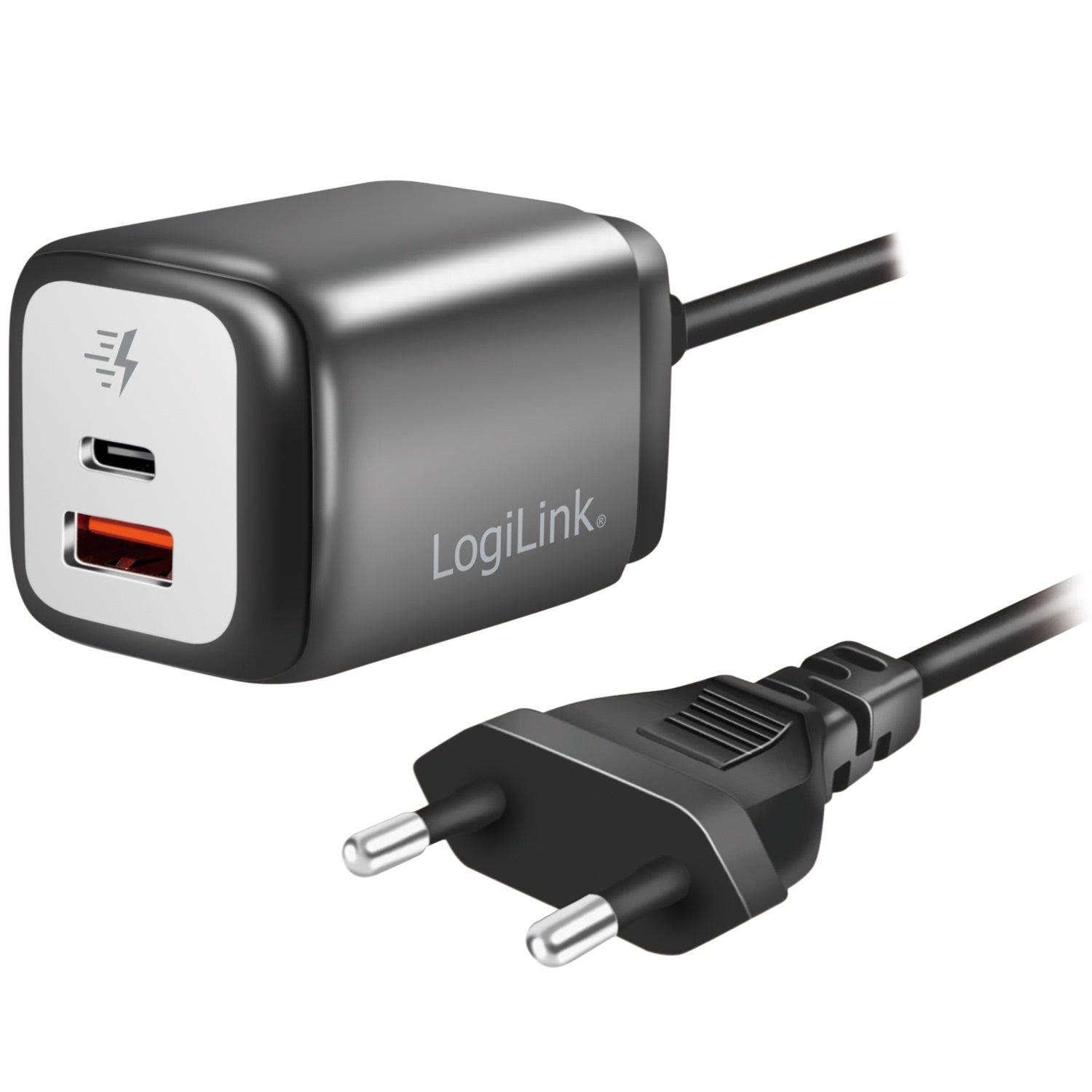 USB charger 1xUSB-A + 1xUSB-C with fixed cable 1.5m GaN 30W