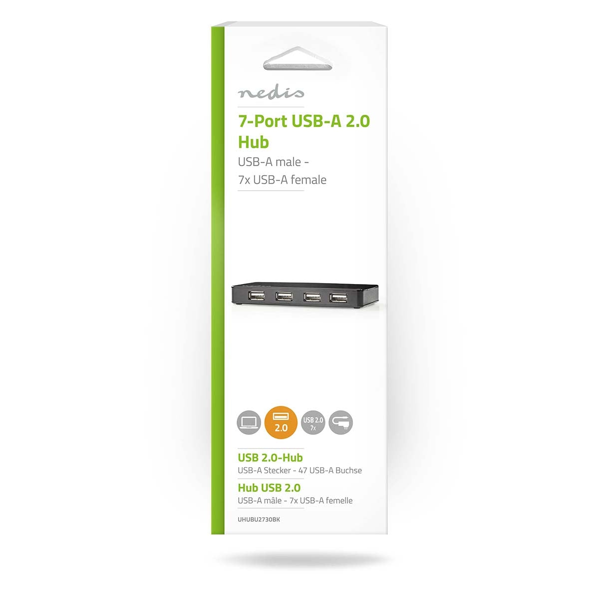 USB hub | USB A Male | USB-A Female | 7-port port(s) | USB 2.0 | Power adapter / USB power | 7x USB