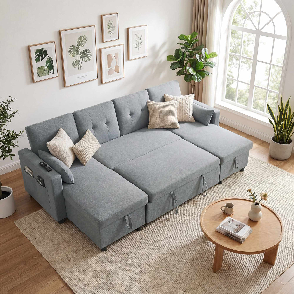 U-Shaped Sleeper Sectional Sofa, 4-Seater, Storage, Grey