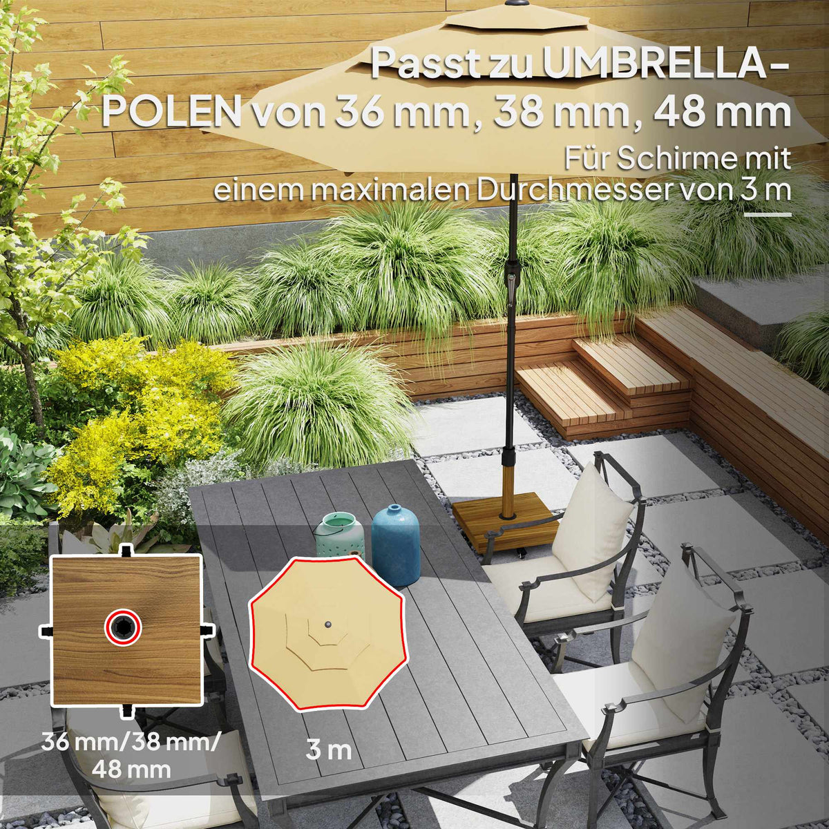 Umbrella Base with Wheels, Wood Look, Metal, Concrete