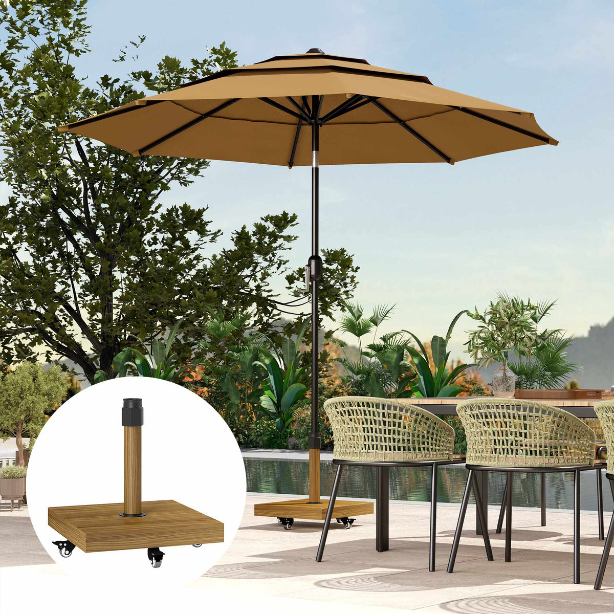 Umbrella Base with Wheels, Wood Look, Metal, Concrete
