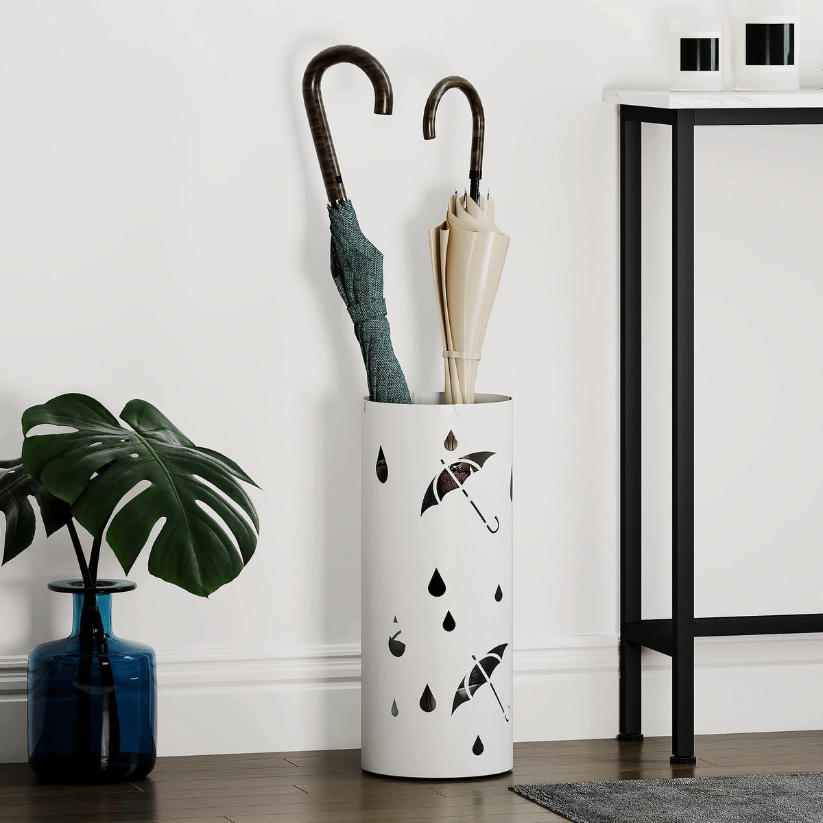 Umbrella Stand, Galvanized Steel, Removable Drip Tray, White