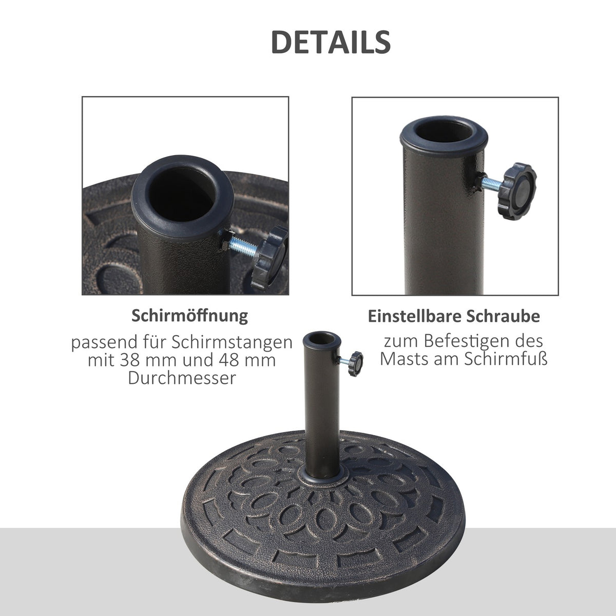 Umbrella Stand Parasol Base Round, Resin, Bronze, 14Kg, For Ø38/48Mm, Ø48.5Xh34Cm