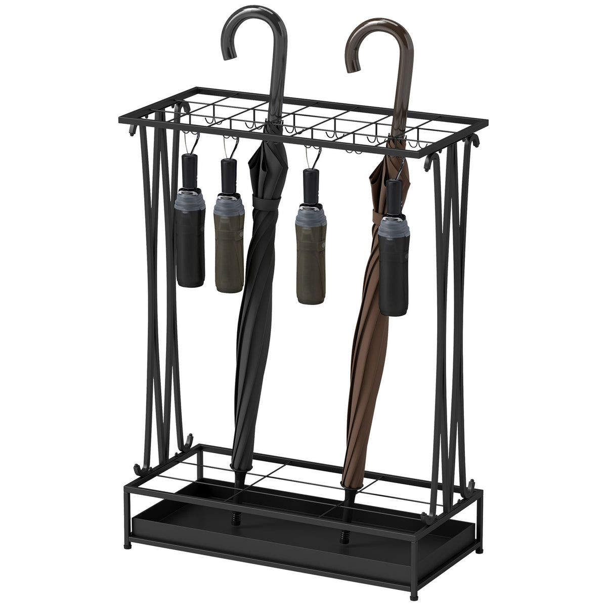 Umbrella Stand Steel Umbrella Stand Rectangular Umbrella Holder with 24 Hooks, 21 Holes, Removable Water Collecting Tray for Walking Sticks & Umbrellas 50 x 24 x 68 cm Black