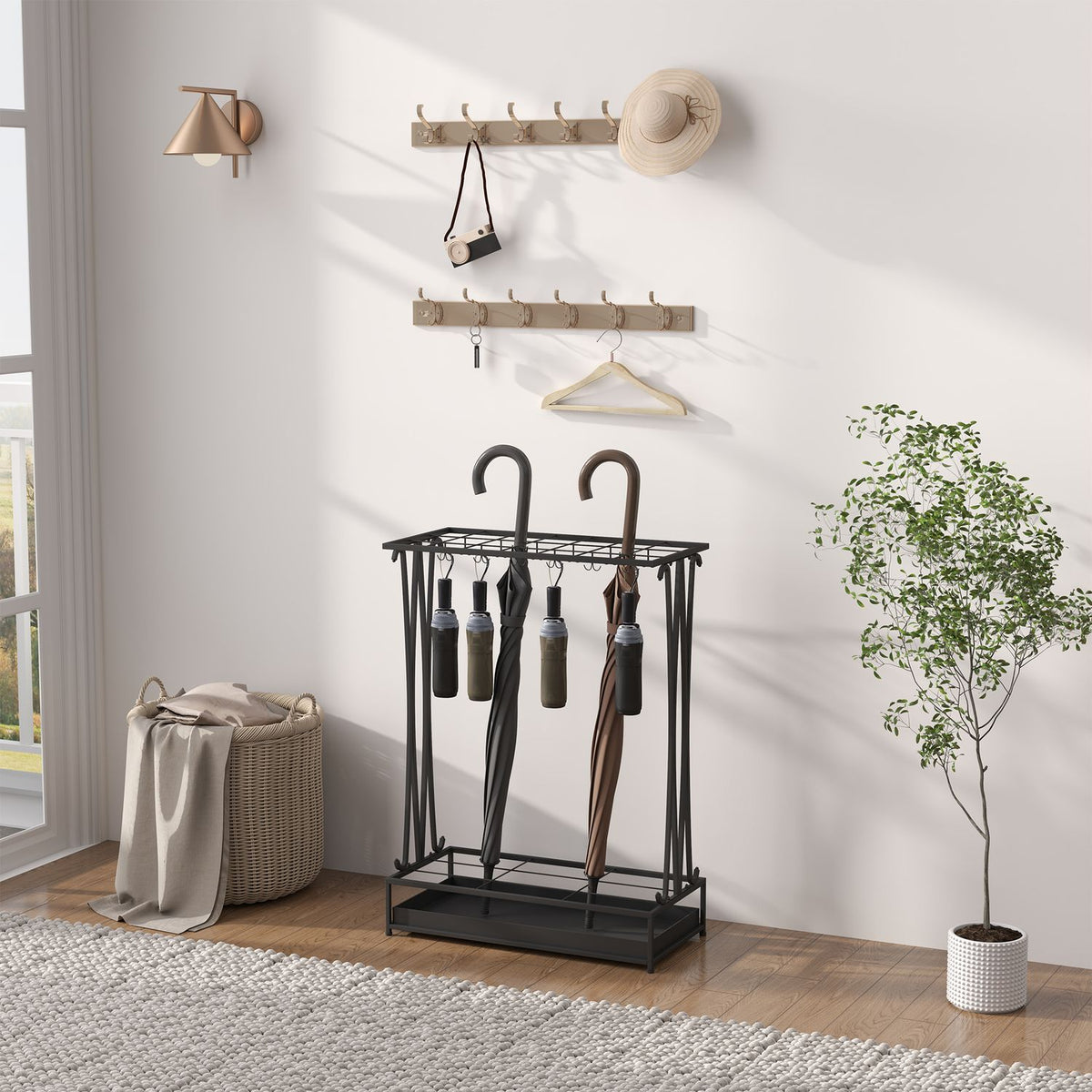 Umbrella Stand Steel Umbrella Stand Rectangular Umbrella Holder with 24 Hooks, 21 Holes, Removable Water Collecting Tray for Walking Sticks & Umbrellas 50 x 24 x 68 cm Black