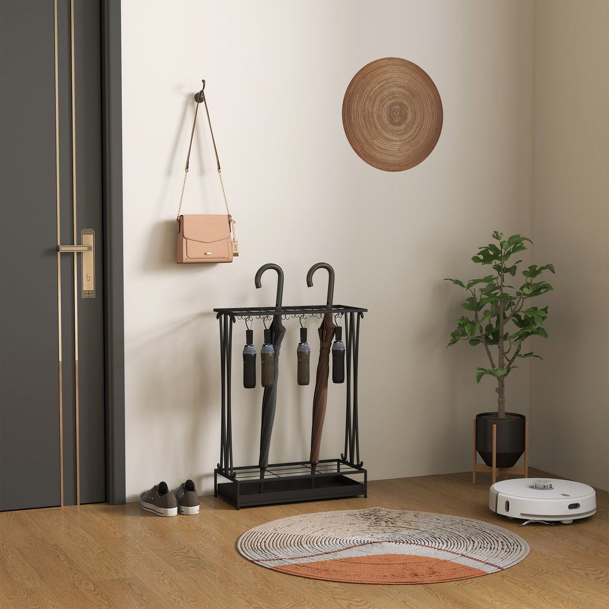 Umbrella Stand Steel Umbrella Stand Rectangular Umbrella Holder with 24 Hooks, 21 Holes, Removable Water Collecting Tray for Walking Sticks & Umbrellas 50 x 24 x 68 cm Black