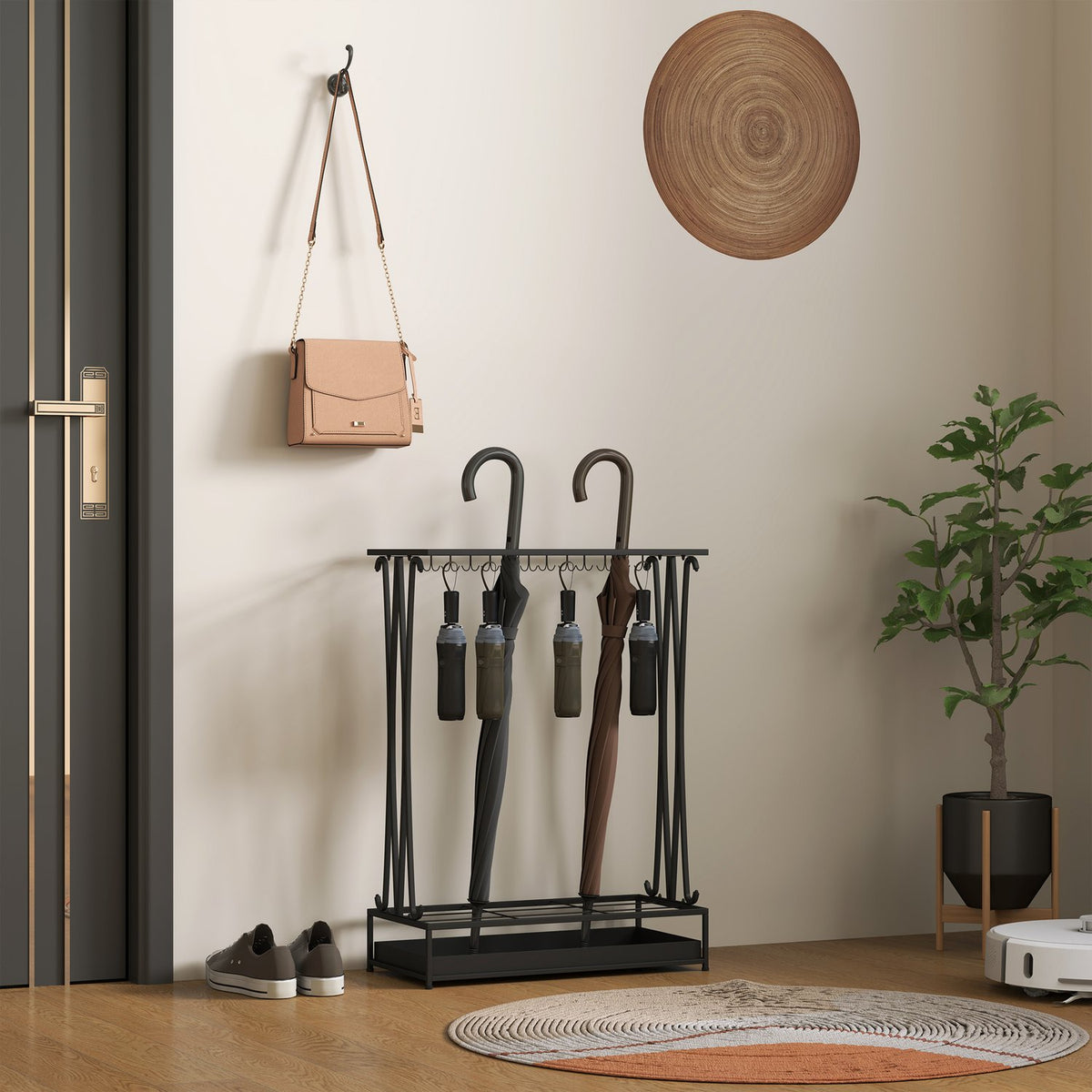 Umbrella Stand Steel Umbrella Stand Rectangular Umbrella Holder with 24 Hooks, 21 Holes, Removable Water Collecting Tray for Walking Sticks & Umbrellas 50 x 24 x 68 cm Black