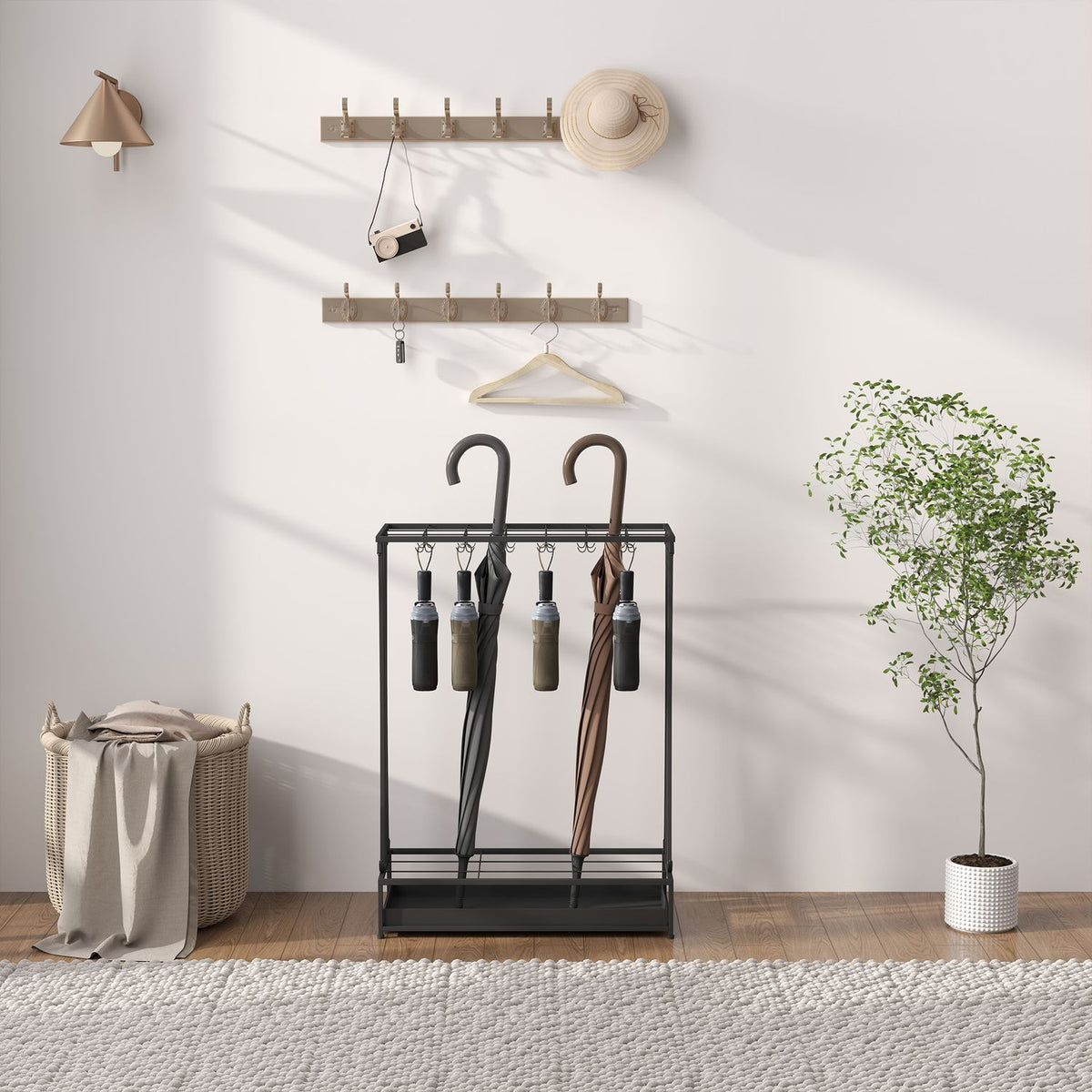 Umbrella Stand Steel Umbrella Stand Rectangular Umbrella Holder with 24 Hooks, 21 Holes, Removable Water Collecting Tray for Walking Sticks & Umbrellas 50 x 24 x 68 cm Black