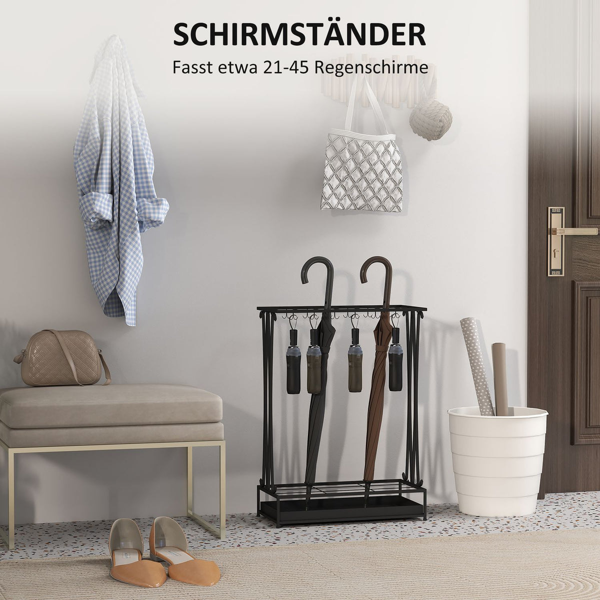 Umbrella Stand Steel Umbrella Stand Rectangular Umbrella Holder with 24 Hooks, 21 Holes, Removable Water Collecting Tray for Walking Sticks & Umbrellas 50 x 24 x 68 cm Black