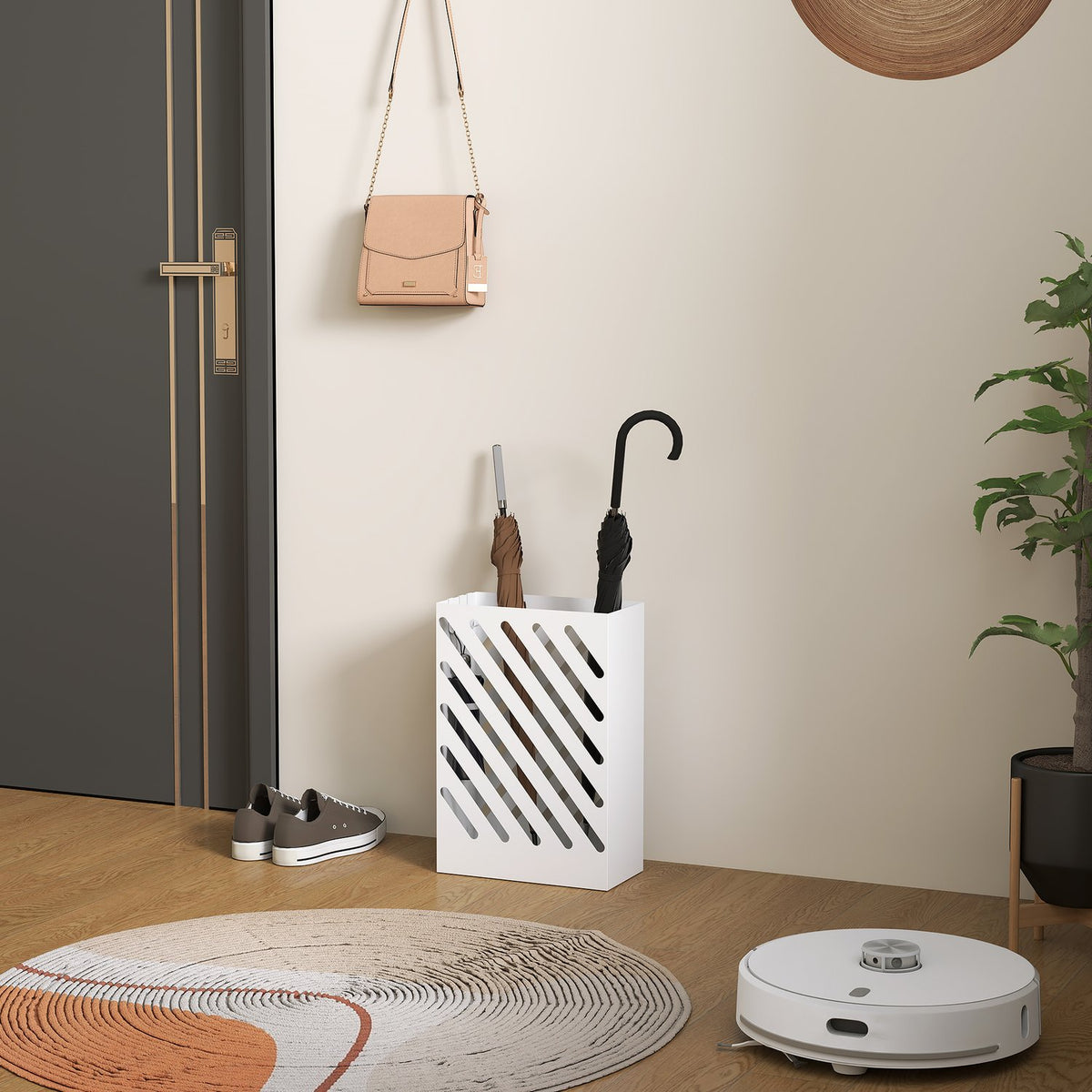 Umbrella Stand Umbrella Stand with 4 Hooks and Water Collection Tray Umbrella Holder for Walking Sticks & Umbrellas Steel 28 x 14 x 41 cm White