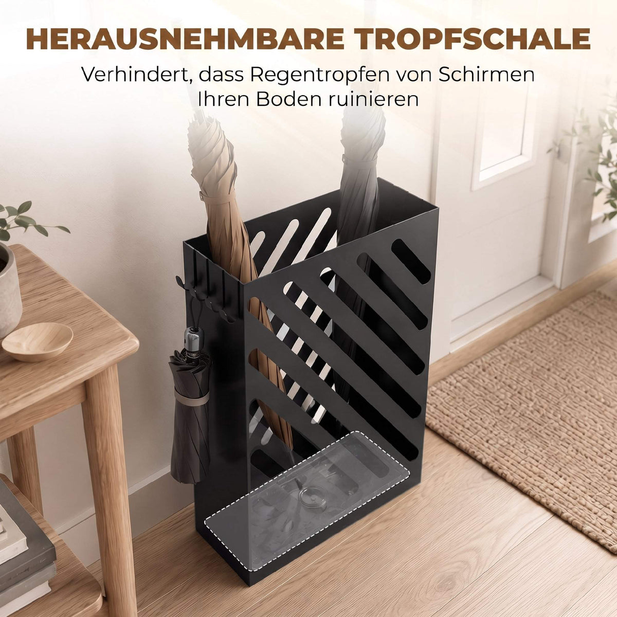 Umbrella Stand with Drip Tray, 4 Hooks, Steel, Black