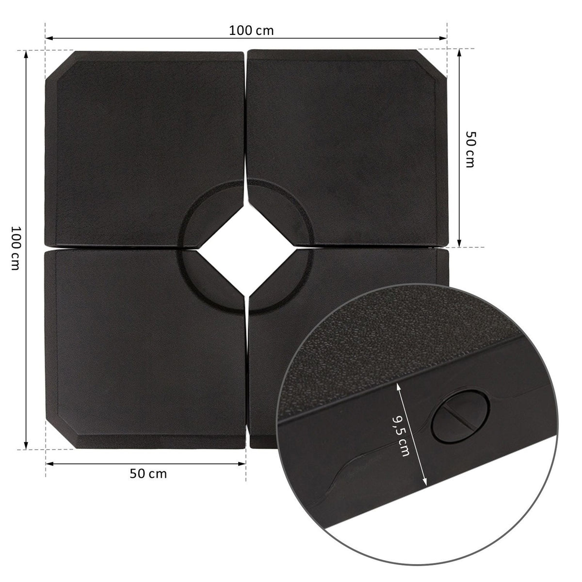 Umbrella Weight, 4 Pieces. Umbrella Stand, Can Be Filled With 80 Kg Of Water Or 120 Kg Of Sand, Hdpe, Black, 100 X 100 X 9.5 Cm