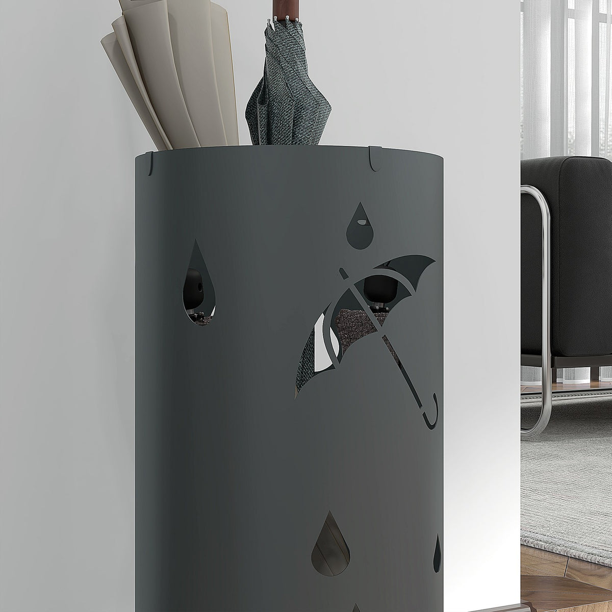 Umbrella stand Umbrella stand with 4 hooks and removable drip tray Umbrella holder for walking sticks & umbrellas Steel Ø17 x 41 cm Dark gray