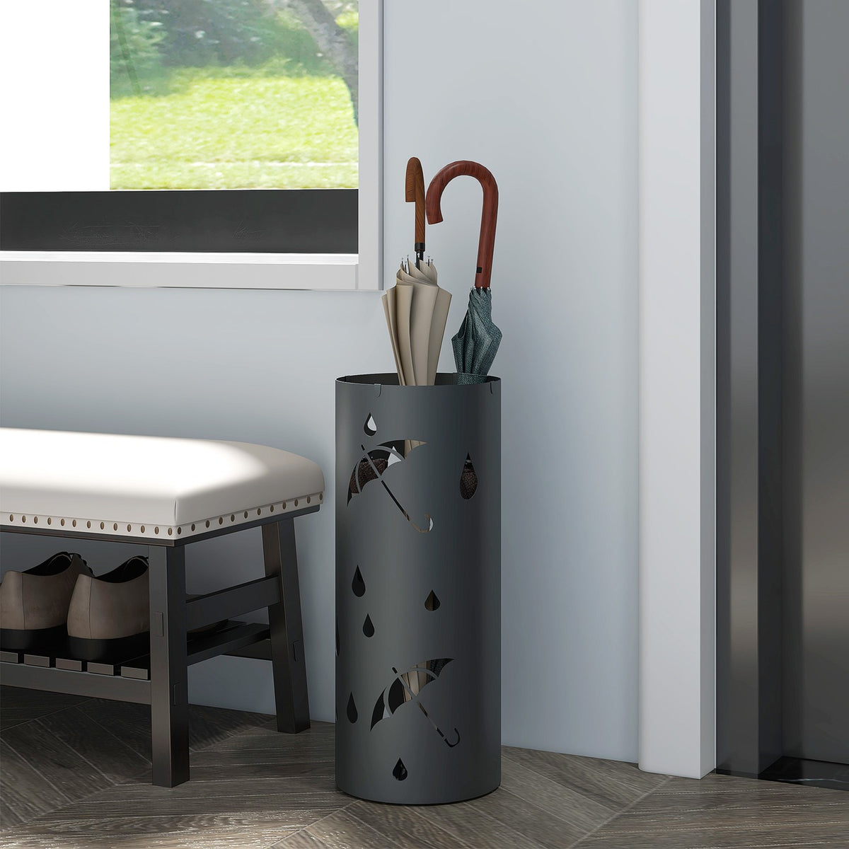 Umbrella stand Umbrella stand with 4 hooks and removable drip tray Umbrella holder for walking sticks & umbrellas Steel Ø17 x 41 cm Dark gray