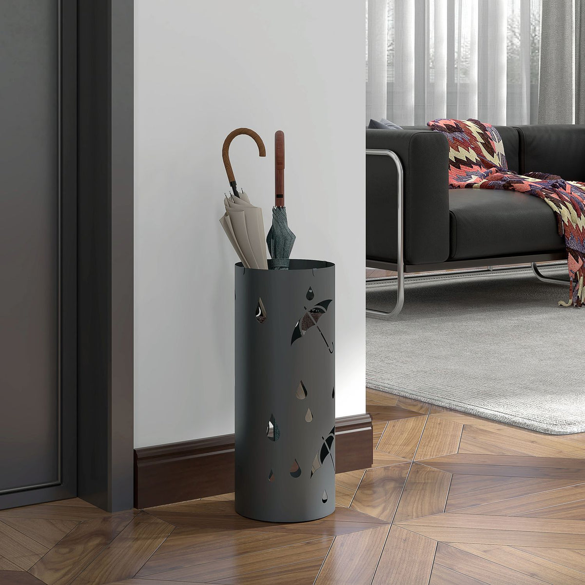 Umbrella stand Umbrella stand with 4 hooks and removable drip tray Umbrella holder for walking sticks & umbrellas Steel Ø17 x 41 cm Dark gray
