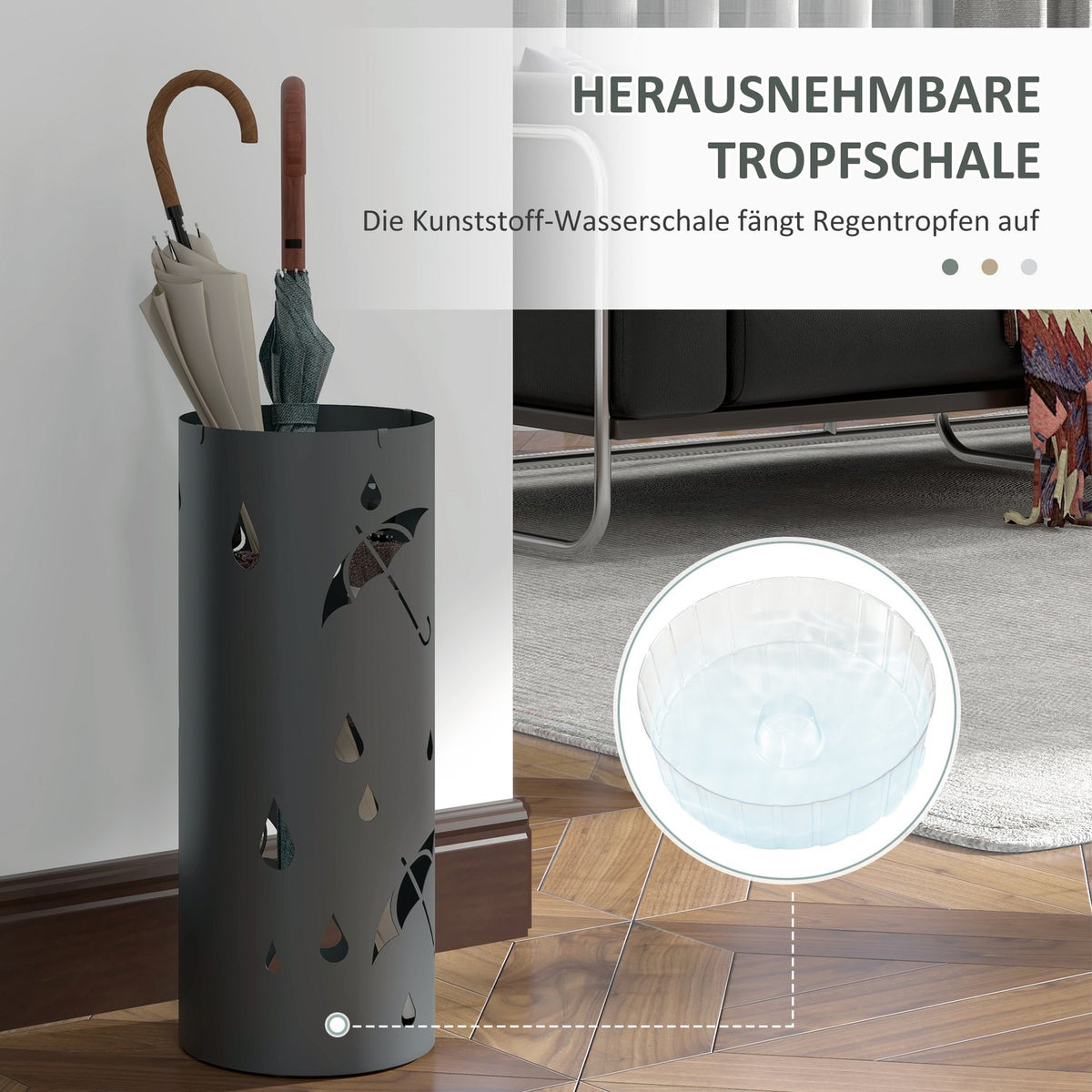 Umbrella stand Umbrella stand with 4 hooks and removable drip tray Umbrella holder for walking sticks & umbrellas Steel Ø17 x 41 cm Dark gray