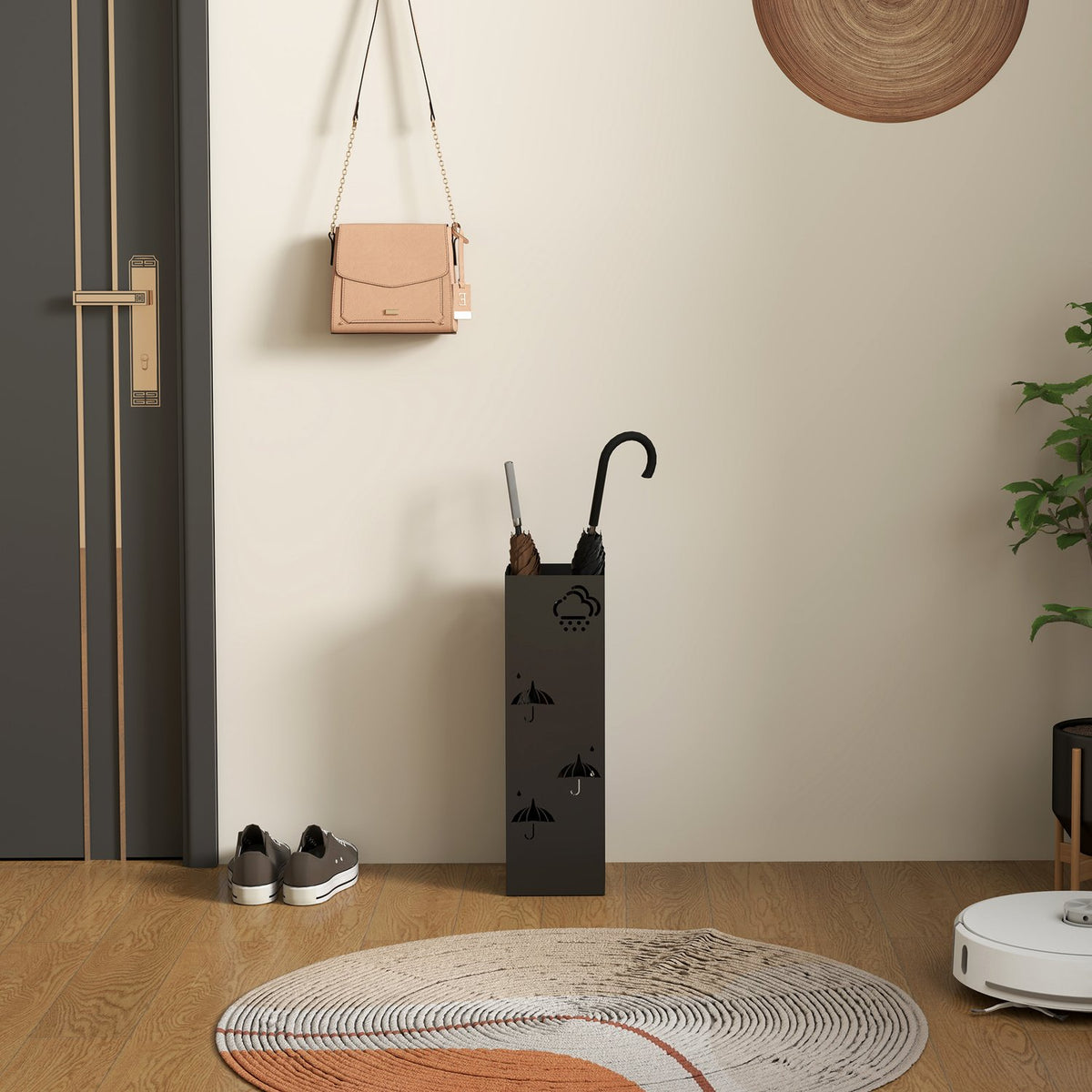 Umbrella stand umbrella holder with 4 hooks, removable water collecting tray, decorative umbrella holder for parasols, umbrellas and walking sticks, steel, 15.5 x 15.5 x 49 cm, black