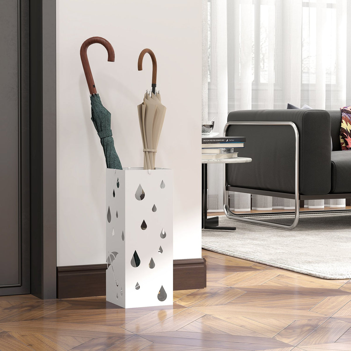 Umbrella stand with 4 hooks, water collecting tray, umbrella holder for hallways, umbrellas and walking sticks, steel, 15.5 x 15.5 x 40 cm, white