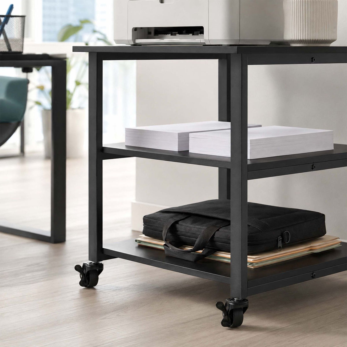 Under-Desk Printer Stand with Castors – Black, 3-Tier