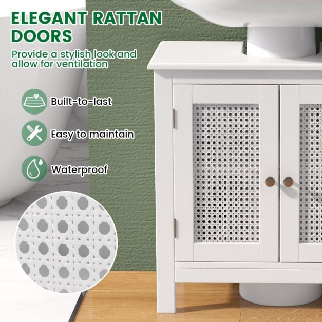 Under Sink Bathroom Cabinet, Rattan Doors, White, 60x30x60 cm