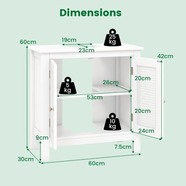 Under Sink Bathroom Cabinet, Rattan Doors, White, 60x30x60 cm