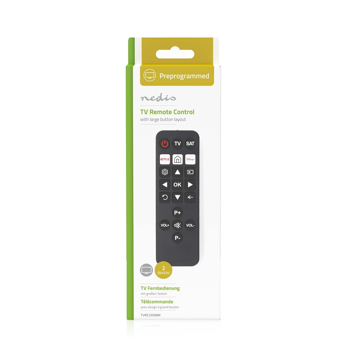 Universal Remote Control | Preprogrammed | 2 Devices | Disney + Button / Netflix Button | Infrared | Black