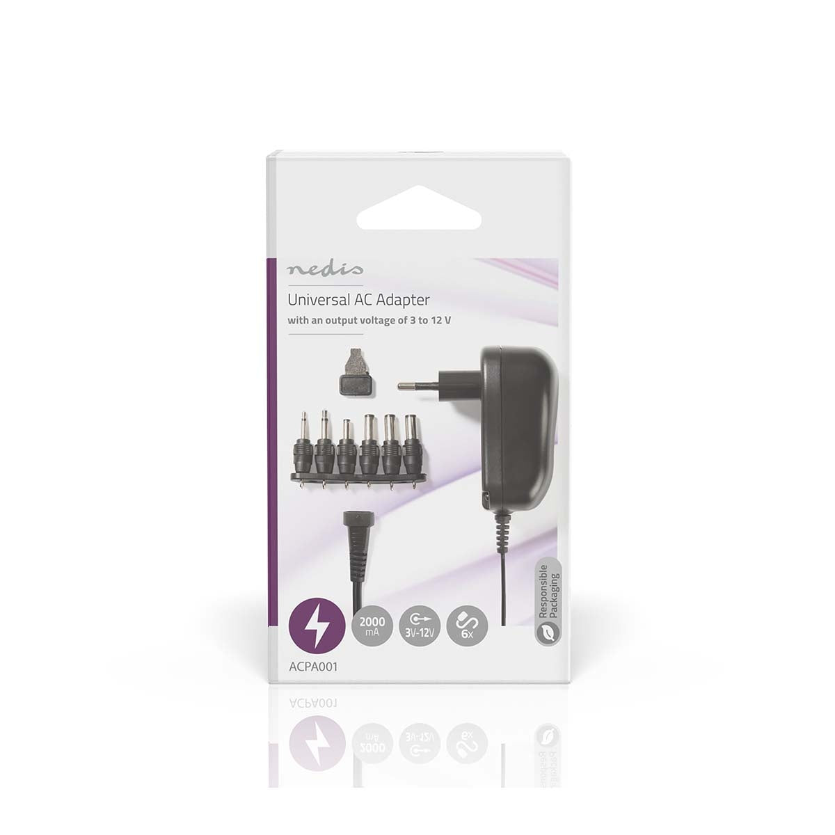 Universal power adapter | 12 W| 3 - 12 V DC | 1.80 m | 2.0 A| 6 plug(s) | Black