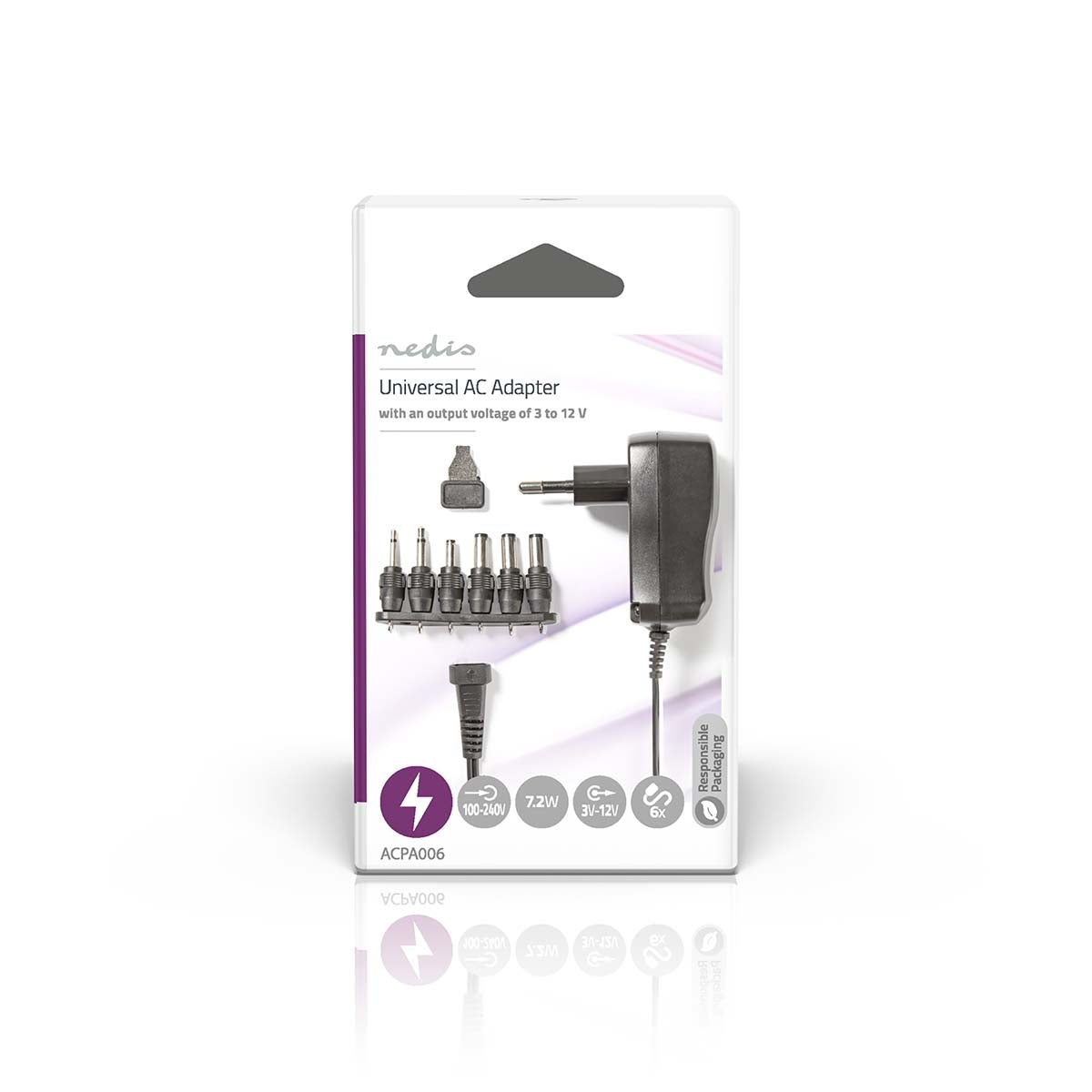 Universal power adapter | 7.2 W| 3 - 12 V DC | 1.80 m | 1.0 A A | 6 plug(s) | Black