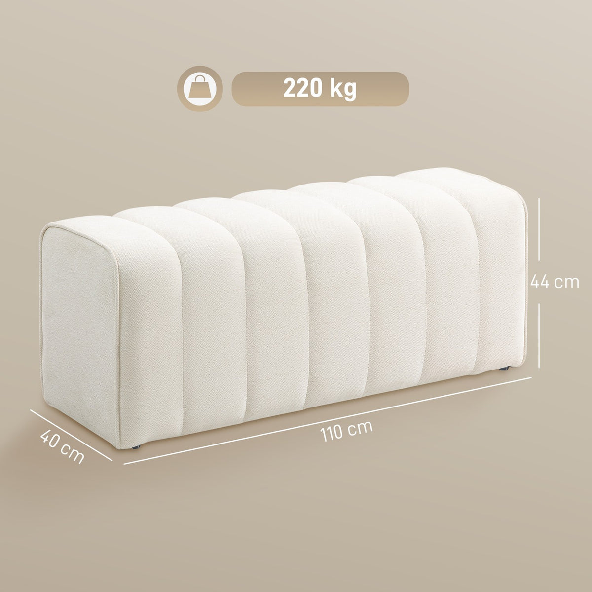 Upholstered Bedroom Bench, Wood Frame, 220kg Capacity, Cream