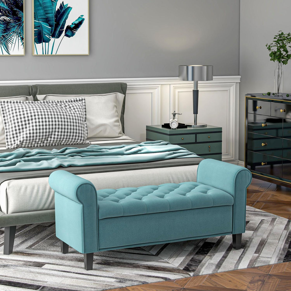 Upholstered Bench, Bed Bench, Bench In Velvet Look, Hallway Bench With Storage Space For Bedroom, Load Capacity Up To 120 Kg, Green, 126 X 48.5 X 47 Cm
