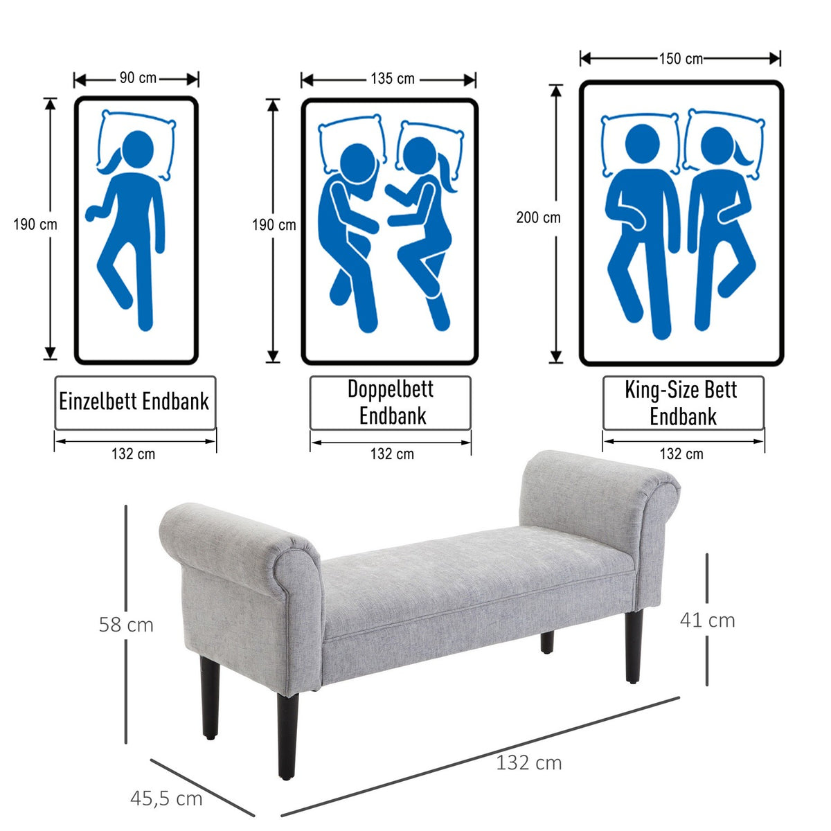 Upholstered Bench, Elegant Bench For Lounge And Hallway, Bed Bench With Rolled Sides, Linen Fabric, Light Grey