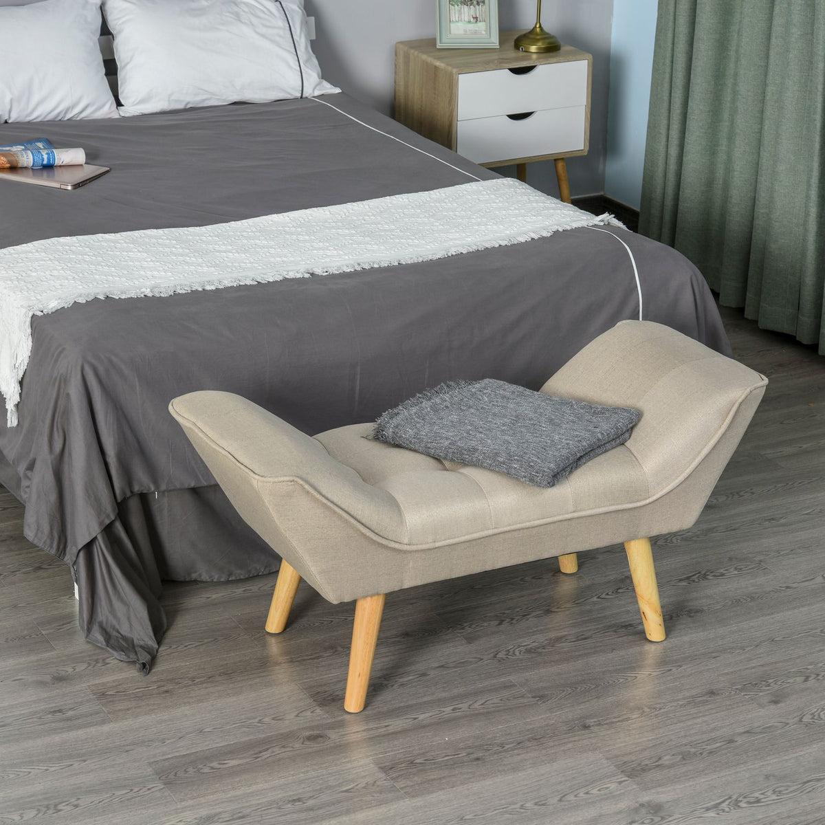 Upholstered Bench In Retro Style, Comfortable Bench, Linen Cover And Wooden Feet, Beige