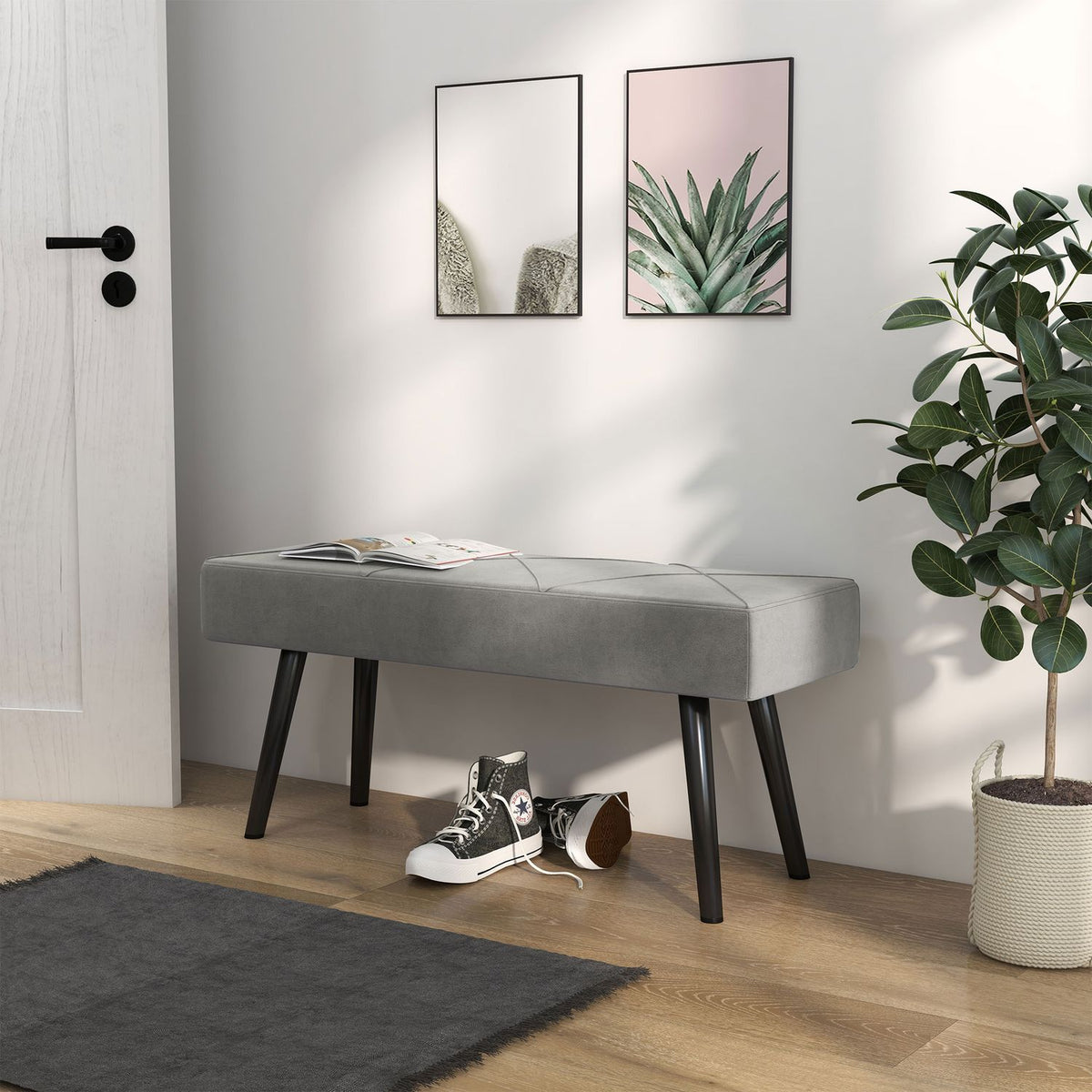 Upholstered Bench In Velvet Look, Bed Bench, Hallway Bench With X Pattern, Up To 120 Kg, For Bedroom, 100X36X45 Cm, Grey