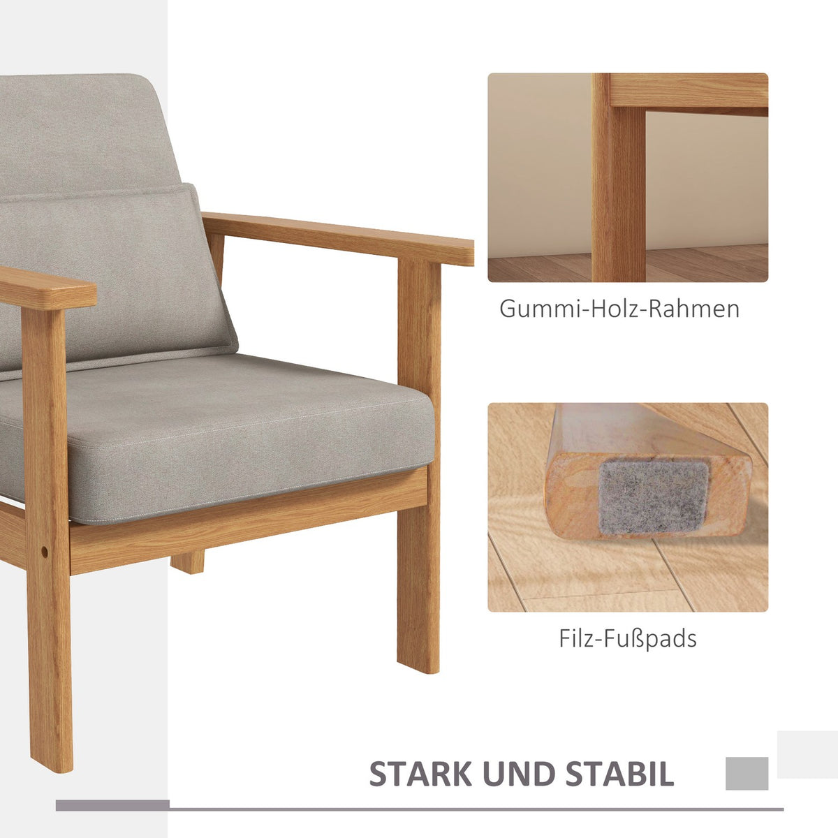 Upholstered Chair Comfortable Accent Chair With Armrests For Living Room, Bedroom, Wooden Legs, Gray, 70X72X76Cm