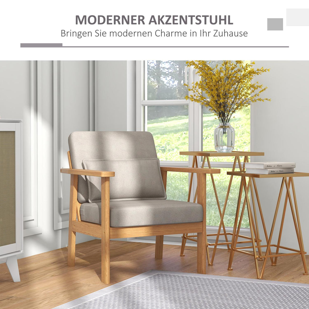 Upholstered Chair Comfortable Accent Chair With Armrests For Living Room, Bedroom, Wooden Legs, Gray, 70X72X76Cm