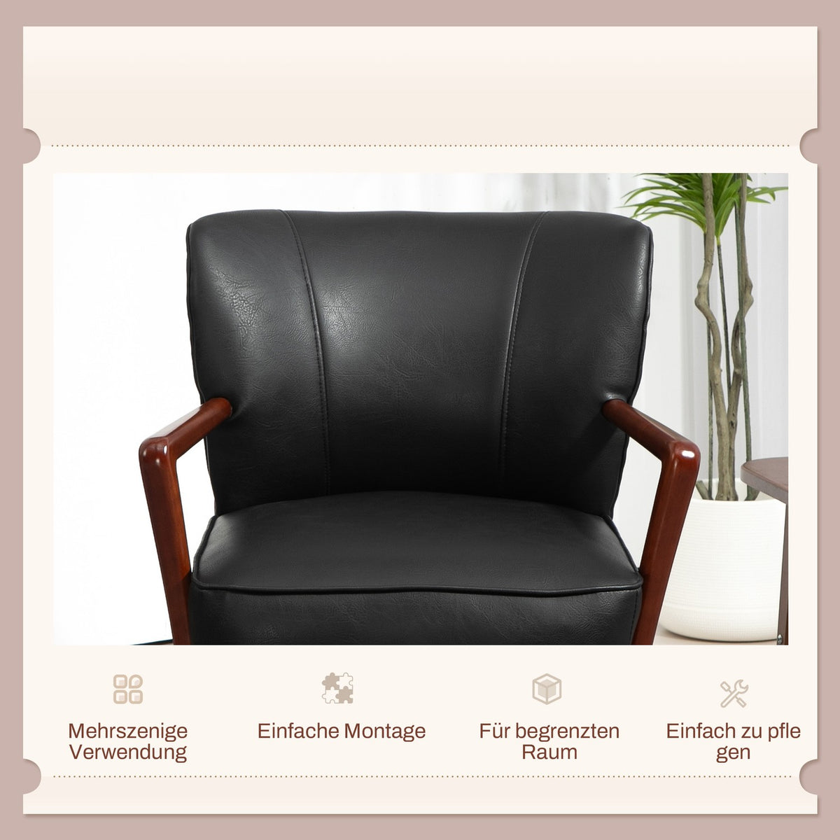Upholstered Chair, Padded Accent Chair with Armrests, Wooden Legs, Lounge Chair, Armchair for Living Room, Bedroom, Faux Leather