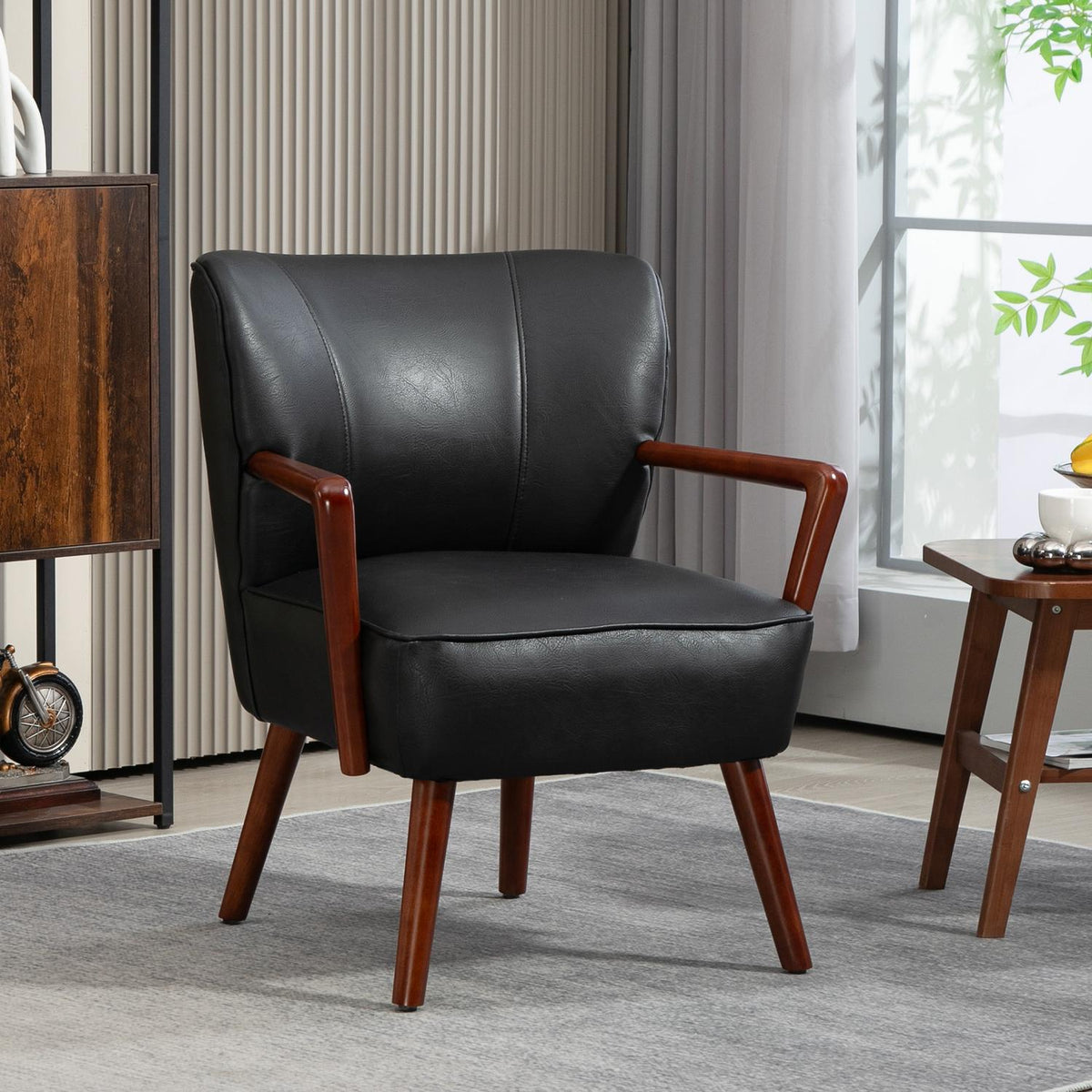 Upholstered Chair, Padded Accent Chair with Armrests, Wooden Legs, Lounge Chair, Armchair for Living Room, Bedroom, Faux Leather