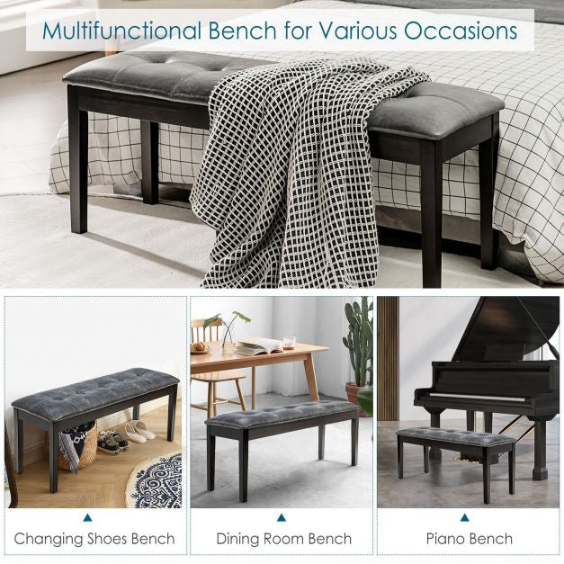 Upholstered Dining Bench, PU, Solid Wood, Tufted Gray